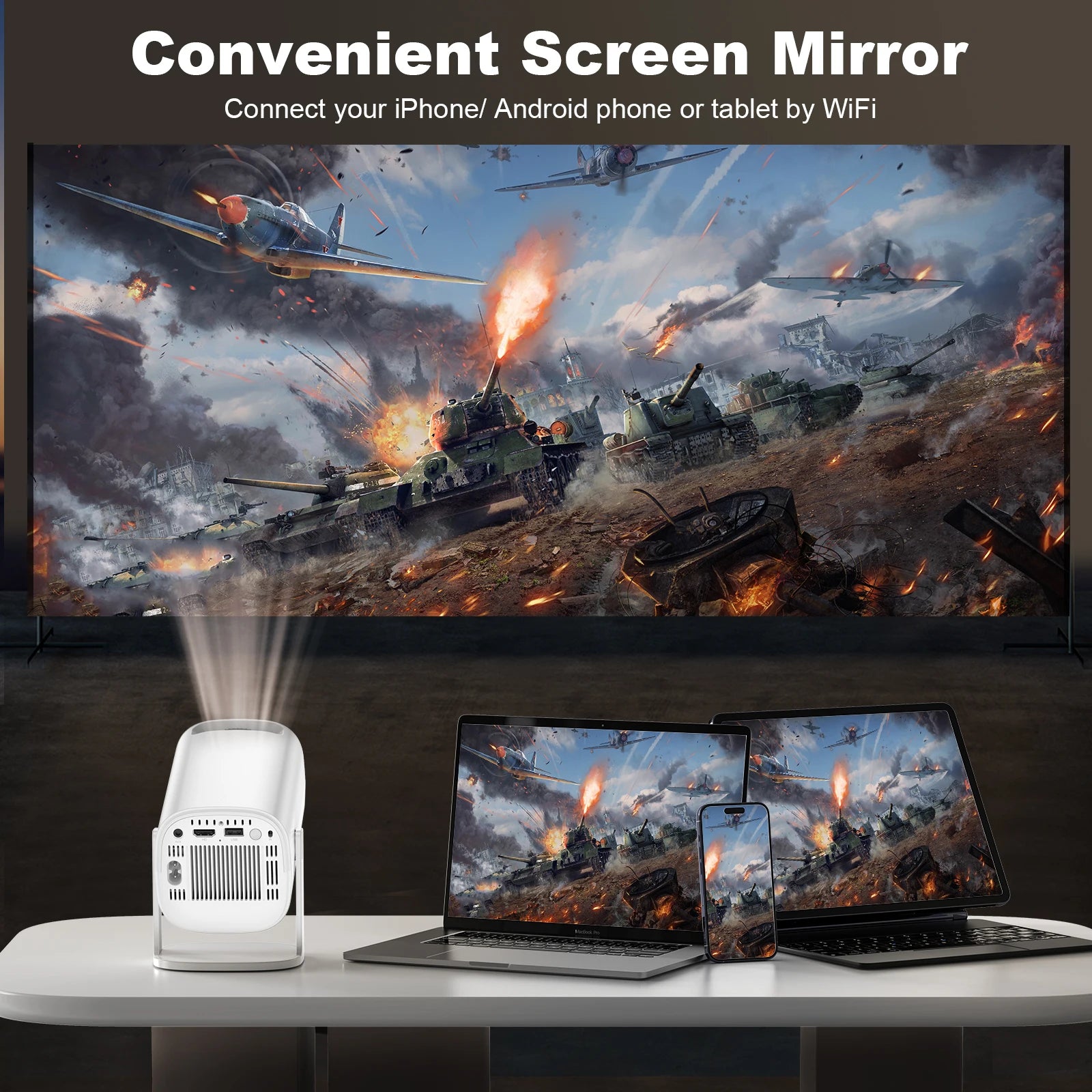 PixelCast Portable Mini Projector with Android 11, WiFi 6, 4K and 1080P Support, Bluetooth 5.0, 1280x720 Resolution for Home Cinema